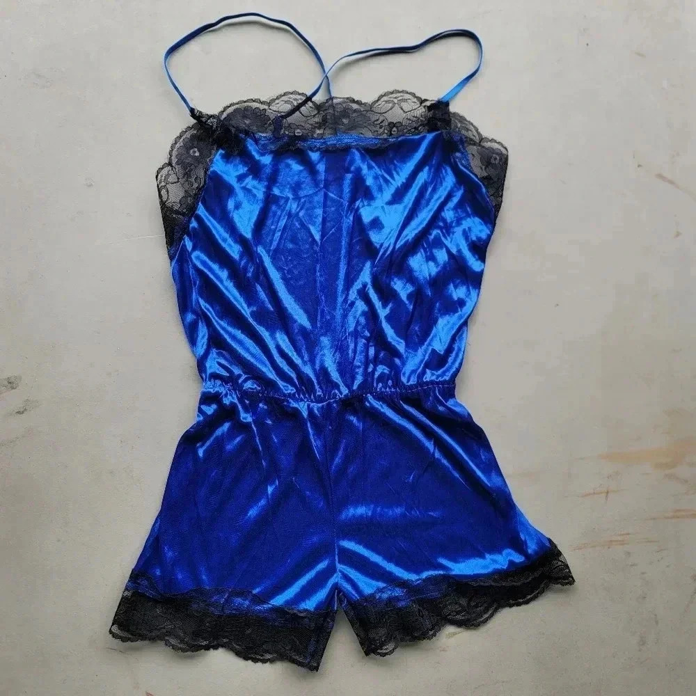 Vintage Royal Blue Shiny Nylon Black Lace Teddy Romper Womens Sz XS